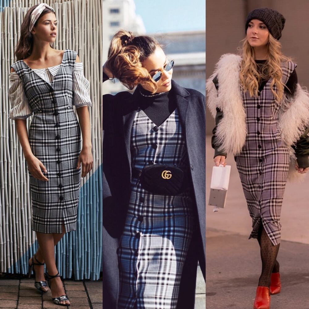 Veronica Beard Lark XS 2 V-Neck Button-Front Black White Plaid Sheath Midi Dress